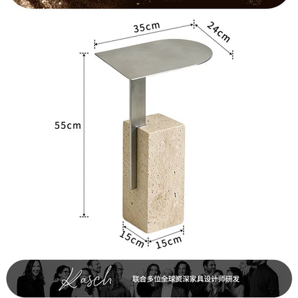 Retro Travertine Side Table | Stainless Steel Base