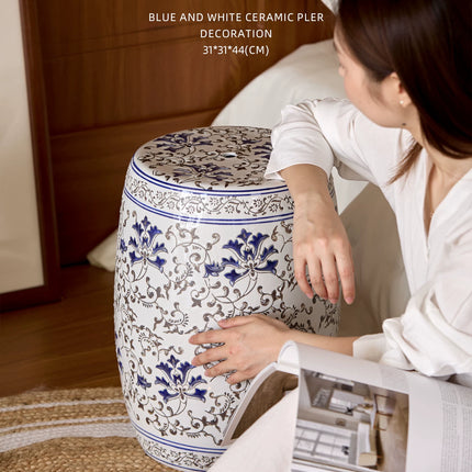 Embossed Blue and White Ceramic Drum Stool | Oriental Elegance | 1047705659612