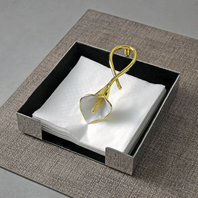 Square Napkin Holder With Ginkgo Leaf Pattern Wood Grain Stainless Steel