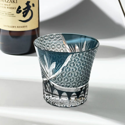 Handmade Japanese Edo Kiriko Crystal Whiskey Glass Red Chrysanthemum