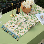 Floral and bird table runner length includes tassels