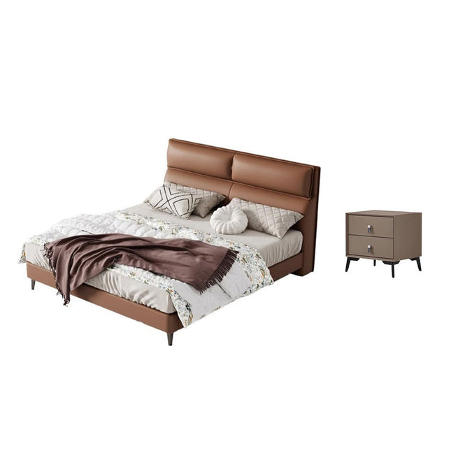 SWAY Prime Hide Leather Brown Queen Bed With Bedside Table