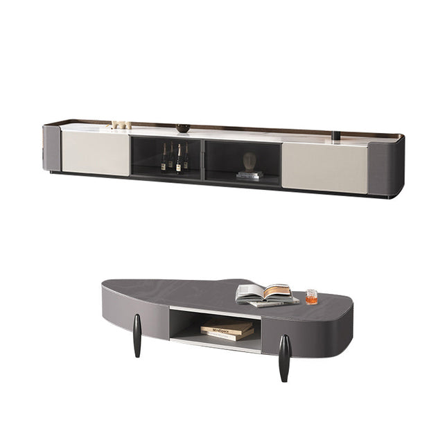 Bundle Deal White Gray Color Patchwork Saddle Leather Snow Mountain White Rock Board TV Cabinet+Coffee Table