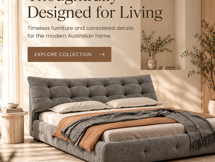 Magico Home mobile homepage banner with grey upholstered bed and warm minimalist bedroom