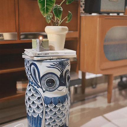 Owl Ceramic Stool | Artistic Blue and White Porcelain