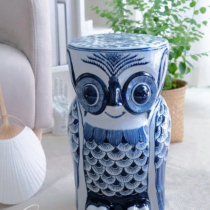 Owl Ceramic Stool | Artistic Blue and White Porcelain