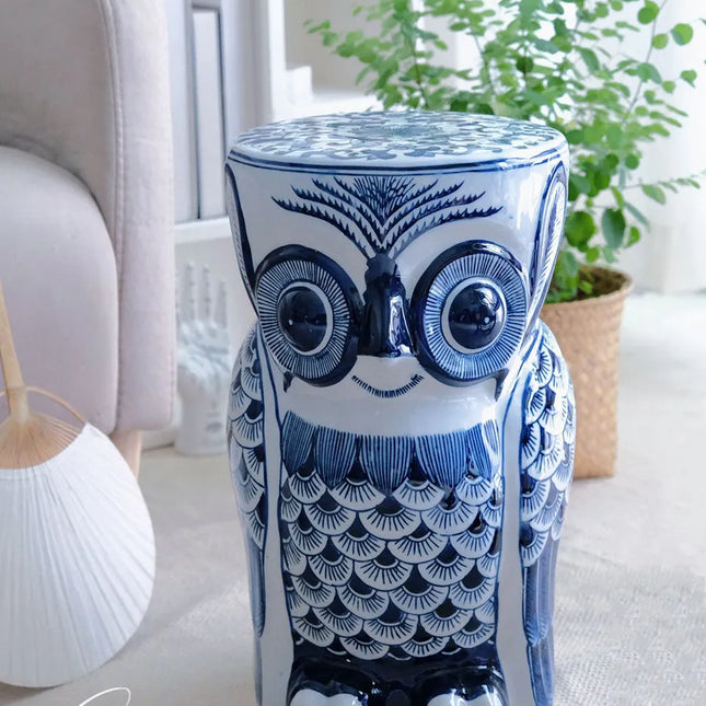 Owl Ceramic Stool | Artistic Blue and White Porcelain