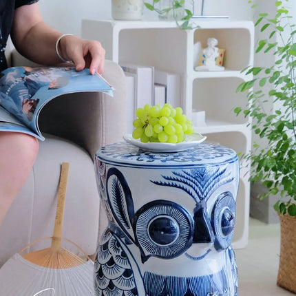 Owl Ceramic Stool | Artistic Blue and White Porcelain