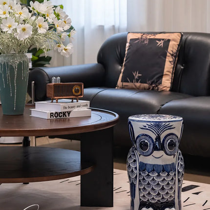 Owl Ceramic Stool | Artistic Blue and White Porcelain