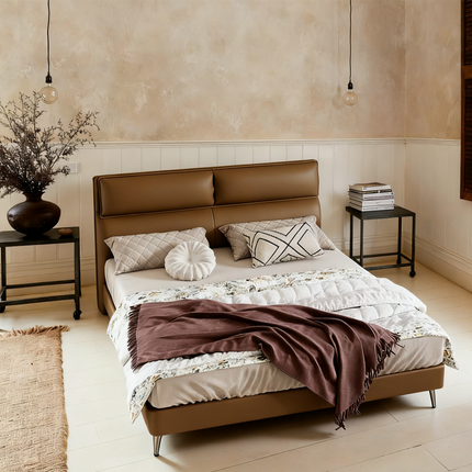 TitanRest™ Brown Leather Soft-Covered Solid Wood Bed