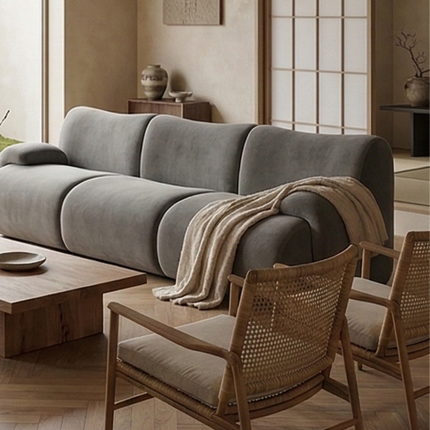 Bamboo-Jacquard Plush Two-Armed Three-Seater Compression Sofa
