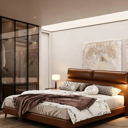 TitanRest™ Brown Leather Soft-Covered Solid Wood Bed