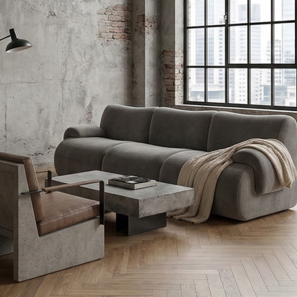 Bamboo-Jacquard Plush Two-Armed Three-Seater Compression Sofa
