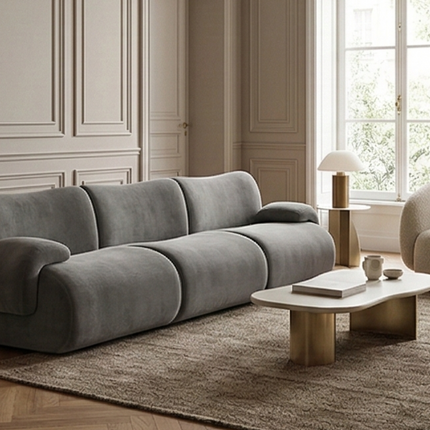 Bamboo-Jacquard Plush Two-Armed Three-Seater Compression Sofa