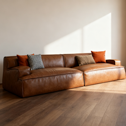Genuine Leather 4-Seater Straight Sofa with Double Arms – Modern Luxury Design