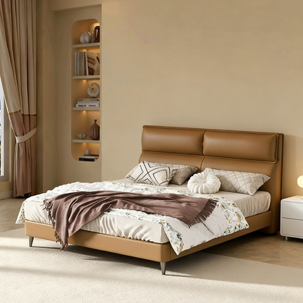 TitanRest™ Brown Leather Soft-Covered Solid Wood Bed