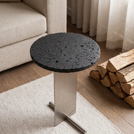 Round Travertine Side Table | Bauhaus Style