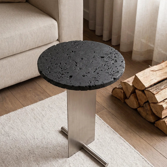 Round Travertine Side Table | Bauhaus Style