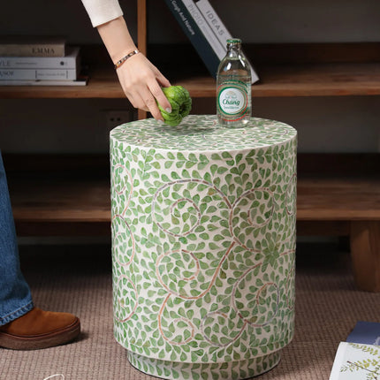 Shell Inlay Accent Stool Side Table | Modern Luxury
