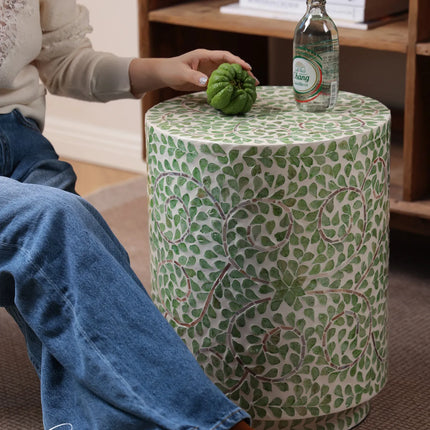Shell Inlay Accent Stool Side Table | Modern Luxury