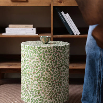 Shell Inlay Accent Stool Side Table | Modern Luxury