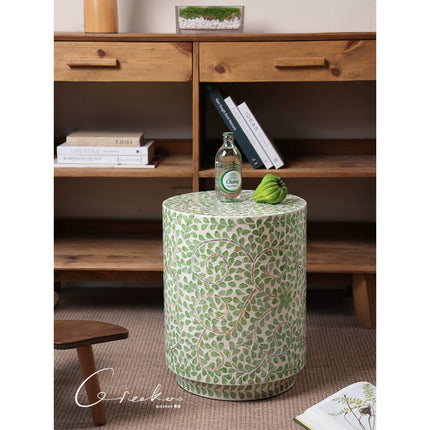 Shell Inlay Accent Stool Side Table | Modern Luxury