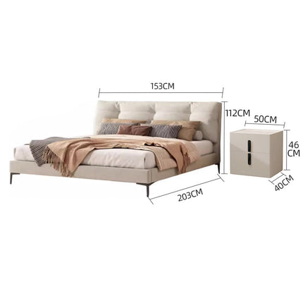 PRE SALE Genuine Leather Cream White Soft-Covered Solid Wood Bed 153 With Two Bedside Table