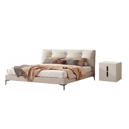 PRE SALE Genuine Leather Cream White Soft-Covered Solid Wood Bed 153 With Two Bedside Table